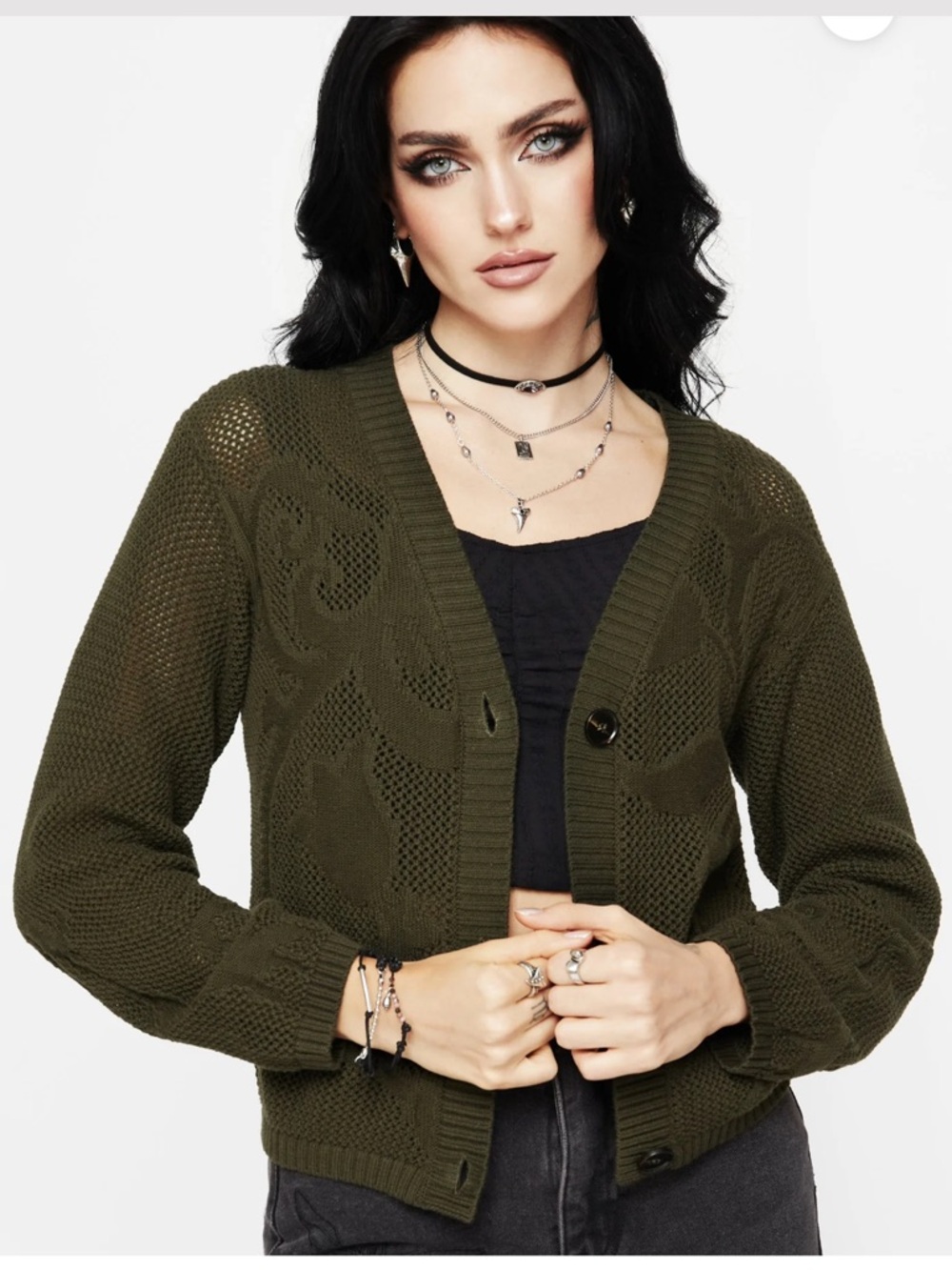 Disturbia Olive Green Knit V-Neck Button Cardigan